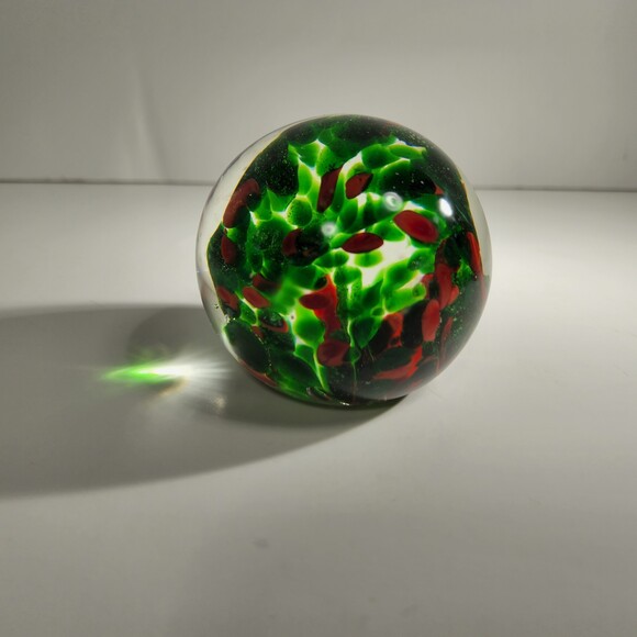 Blown Glass Paperweight Clear over Green Red Christmas Colors 3 in. - Picture 3 of 6